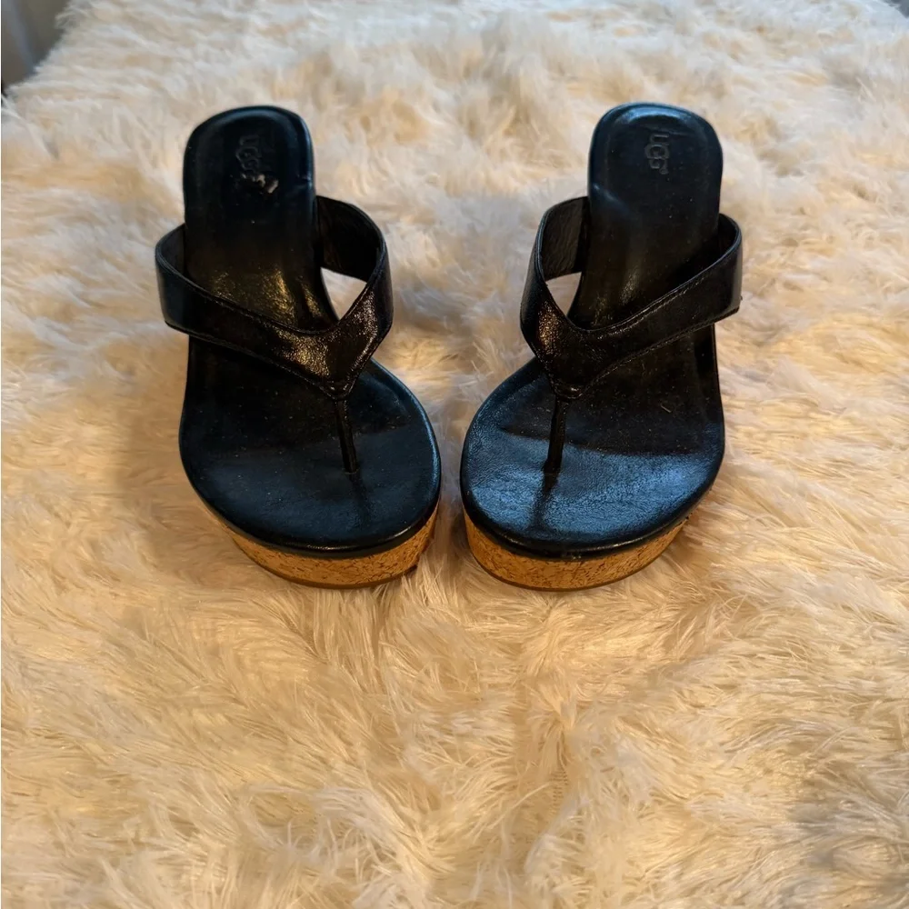 UGG Black Leather Cork Wedge Sandals